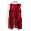 Miniatyrbillede 1 af 5: 1970'ernes Kvinde Tassel Ærmeløs Vest 70'er Retro Hippie Kunstlæder Frynser Jakke Cardigan Rød Ed 2XL