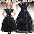 Miniatyrbilde 2 av 5: Barn Jente Onsdag Addams Family Kostyme Halloween Kjole Bursdagsfest Kjole Belte Veske Hansker Parykk Dress Belt Bag Gloves Wig 150cm