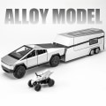 Pikkukuva 1 / 5: 1/32 Tesla Cybertruck matkailuautolla ja asuntovaunulla Diecast-lelu Metalli pienoismalli Vetopääääni Valo Kokoelma Lahja Poika Silver