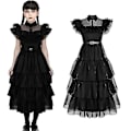 Miniatyrbilde 3 av 5: Barnjente Onsdag Addams Family Kostyme Halloween Kjole Bursdagsfest Kjole Belte Veske Hansker Dress Belt Bag Gloves 110cm
