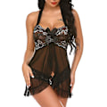 Miniatyrbillede 1 af 5: Sexet damelingerie mesh push-up halterneck kjole natkjole sort Black M