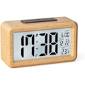 Miniatyrbild 1 av 5: Digital väckarklocka i trä med stor LCD-display, datum, temperatur, automatisk ljussensor, snooze-funktion, batteridriven