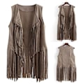 Miniatyrbillede 4 af 5: 1970'ernes Kvinde Tassel Ærmeløs Vest 70'er Retro Hippie Kunstlæder Frynser Jakke Cardigan Beige Beige XL