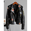 Miniatyrbillede 2 af 5: Floral mønster print imiteret blød læderjakke kvinder pu motorcykel frakke kvinde sort punk lynlås nitte overtøj sort Black XL