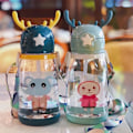 Miniatyrbilde 3 av 5: 600 ml tegneserie barnas vannflaske med sugerør og stropp Bærbar drikkekopp Light Blue