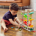 Miniatyrbild 3 av 6: Bilramp Leksak för 2-3 Åriga Pojkar, Toddler Race Track Leksak för 18 Månader med 4 Träbilar och 3 Bilgarage