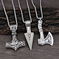 Miniatyrbillede 1 af 8: 3 stk. Vikingehalskæder til mænd - Vikingehammer, nordisk kompas, keltisk knude, ulveøkse vedhæng, nordisk Antique Silvery