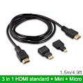 Pikkukuva 1 / 5: 3 in 1 kullattu HDMI + Mini + Micro HDMI -sovitinkaapel 1,5 m