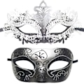 Miniatyrbillede 1 af 5: Par af Masquerade Mask Metal Jern Sommerfugl Bold Maske (Sølv Sort) 2 Sty Silver black