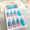 Miniatyrbillede 4 af 5: Glitter Gradient Print Negle Lange Mandel Falske Negle Blå Solid Farve Falske Negle Akryl Kunstige Negle