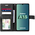 Pikkukuva 3 / 4: Kotelo Samsung Galaxy A15 5G-4G + 2 karkaistua lasia, musta taitettava retro nahkajäljitelmä ja TPU-sisus