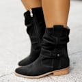 Miniatyrbillede 3 af 5: Dame Efterår og Vinter Side Lynlås Lave Støvler Elegant Ruskind Rundtået Casual Lave Hæle Sort BLACK 34