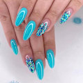 Miniatyrbillede 1 af 5: Glitter Gradient Print Negle Lange Mandel Falske Negle Blå Solid Farve Falske Negle Akryl Kunstige Negle