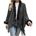 Miniatyrbilde 2 av 4: Universal varm poncho for kvinner - svart, elegant frynser av kunstull