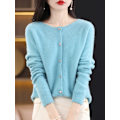 Miniatyrbillede 3 af 6: Addonee Dametrøje i 100% Merinould, K Cashmere, Rundhals Cardigan, Raglanærmer, Klassisk Strik, Ensfarvet, Basic, Havblåt Havblåt SeaBlue M