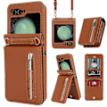 Miniatyrbillede 1 af 5: Flip 5 Wallet Case, Crossbody Lynlås Læder Etui med Støttefod til Samsung Galaxy Z Flip 5 med Kortpladser Brown