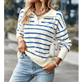 Miniatyrbillede 2 af 5: Dame Cardigan Sweatshirt Jumper Stribet Langærmet Efterår Vinter Streetwear Blå Blue L