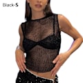 Pikkukuva 1 / 10: Naisten Crop Topit läpinäkyvä mesh T-paita MUSTA SS Black S-S