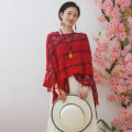 Miniatyrbilde 1 av 10: Mongolsk Poncho Twill Stripe Kvast Sjal RØDT red