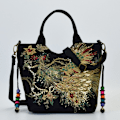 Miniatyrbillede 1 af 10: Peacock Broderet Tote Bag Lærred Håndtaske SORT NORMAL black normal version-normal version