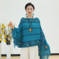 Miniatyrbilde 10 av 10: Mongolsk Poncho Twill Stripe Kvast Sjal HVIT white