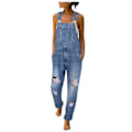 Miniatyrbilde 2 av 4: Vaskede denim-smekkejeans-overaller for kvinner, avslappede rippede denim-jumpsuiter og rompers