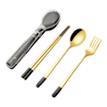 Miniatyrbillede 1 af 5: 3 stk. rustfrit bestik i rustfrit stål til camping, rejser, spisepinde, gaffel, ske, bestik, etui, sort