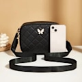 Miniatyrbild 3 av 4: Klassisk vadderad crossbody-väska för kvinnor, liten axelväska med fjärilsdekor, konstläder, miniryggsäck handväska  svart