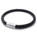 Miniatyrbillede 1 af 4: Armbånd i rustfrit stål og flettet læder, til mænd og kvinder, sort - Bredde 6 mm - Længde