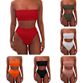 Miniatyrbilde 3 av 3: Solid Color Crop BH Bikini Badetøy Badedrakt Strandtøysett for kvinner red S
