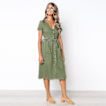 Pikkukuva 1 / 4: Naisten kesämekot Casual Midi-mekko Lyhythihainen paitamekko V-kaula-aukolla, nappi alas Swing A Line Tunika-mekko taskuilla green