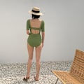 Miniatyrbillede 5 af 5: XL Grøn Rygløs Kortærmet One Piece Badedragt til Kvinder - Push Up Badetøj til Svømning, Hot Spring, Strand