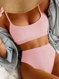 Kvinnor Högmidjade Ribbade Cami Bikini Set Rosa XL-US16