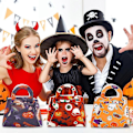 Miniatyrbillede 5 af 5: 10 stk. Halloween slikpose i filtstof - Halloween Trick or Treat slikopbevaringstaske - edderkoppespind+Sk Multicolor Pumpkin Ghost