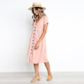 Pikkukuva 2 / 3: Naisten kesämekot Casual Midi-mekko Lyhythihainen paitamekko V-kaula-aukolla, nappi alas Swing A Line Tunika-mekko taskuilla pink