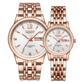 Miniatyrbillede 2 af 2: Mode par stål bælte vandtæt dobbelt kalender ur Gold strap white dial Suitable for men