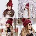 Pikkukuva 5 / 6: Bobble-hattu naisille Talvipipohatut Thermal fleecevuorattu hattu Naisten neulotut villahatut tekoturkisella Pom Pom Red
