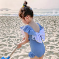 Miniatyrbillede 4 af 5: Badedragt til babypiger i ét stykke plaid badetøj Beach Bikini Leopard Flæser Badedragt Outfits til 0-8 år, blå (xl)