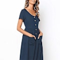 Pikkukuva 4 / 4: Naisten kesämekot Casual Midi-mekko Lyhythihainen paitamekko V-kaula-aukolla, nappi alas Swing A Line Tunika-mekko taskuilla Dark blue