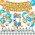 Pikkukuva 1 / 3: Syntymäpäiväjuhlatarvikkeet 68 kpl set , sis. 1 kpl Blippi Happy Birthday Bannerin, 24 kpl lateksiilmapalloja, 24 kpl kuppikakkupäällyksiä, 1 kpl kakkupäällystä
