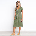Pikkukuva 4 / 4: Naisten kesämekot Casual Midi-mekko Lyhythihainen paitamekko V-kaula-aukolla, nappi alas Swing A Line Tunika-mekko taskuilla green