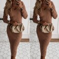 Miniatyrbilde 1 av 5: Kvinner Ribbestrikket V-hals Langermet Bodycon Genser Stretch Slim Fit Midi-kjole Camel M