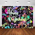 Pikkukuva 1 / 5: Neon syntymäpäiväjuhlien tausta 7x5 jalkaa hehkuu pimeässä Graffiti Splatter Happy Birthday Party Banner -tausta Lets Glow Dance Syntymäpäivädeco
