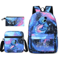 Pikkukuva 2 / 5: 3kpl / set Stitch Kids Reppu Sarjakuva Stitch Print Lastentarha Penaali Case Tyttö Olkalaukku Lasten Koululaukku Lahja C