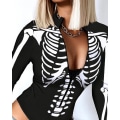 Miniatyrbillede 4 af 5: Kvinder Top Romper V-hals Skaller Slank Casual Halloween Skeletprint Lynlås foran Langærmet bodysuit Sexede bodysuits XL