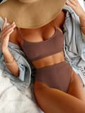 Kvinnor Högmidjade Ribbade Camisole Bikini Set Kaffe M-US8