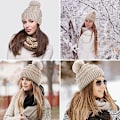 Pikkukuva 6 / 6: Bobble-hattu naisille Talvipipohatut Thermal fleecevuorattu hattu Naisten neulotut villahatut tekoturkisella Pom Pom Beige