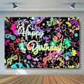 Pikkukuva 3 / 5: Neon syntymäpäiväjuhlien tausta 7x5 jalkaa hehkuu pimeässä Graffiti Splatter Happy Birthday Party Banner -tausta Lets Glow Dance Syntymäpäivädeco