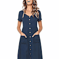 Pikkukuva 3 / 4: Naisten kesämekot Casual Midi-mekko Lyhythihainen paitamekko V-kaula-aukolla, nappi alas Swing A Line Tunika-mekko taskuilla Dark blue