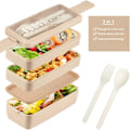 Pikkukuva 2 / 6: 3-osastoinen pinottava Bento-lounasrasia - vehnäolki, tiivis, 902 ml - BPA-vapaa, mikroaaltouunin ja astianpesukoneen kestävä aterian valmistukseen khaki